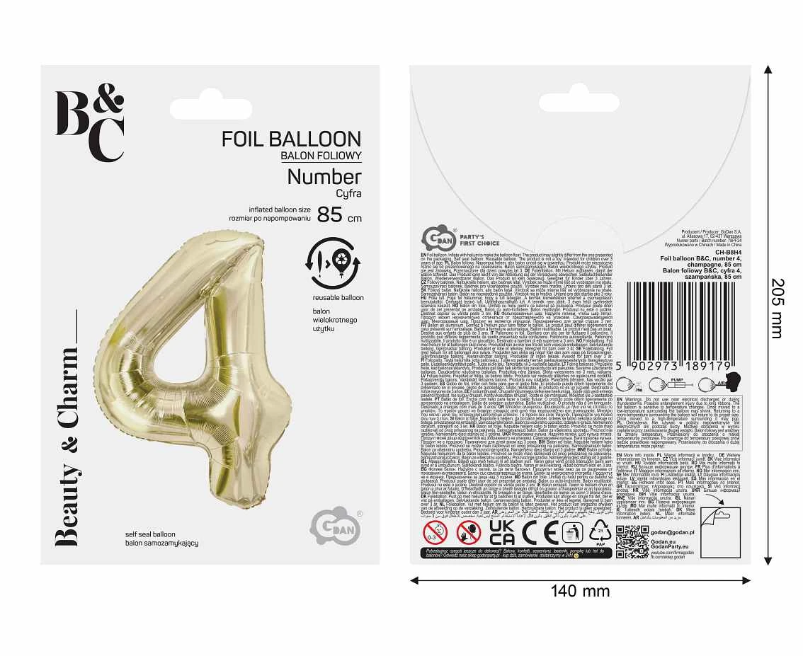 Balon foliowy B&C, cyfra 4, szampańska, 85 cm AA